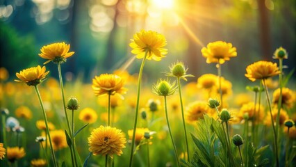 Fototapeta premium Golden hour blossoms bathed in sunlight, a vibrant field of yellow flowers reaching for the sun's rays, showcasing the beauty of nature's radiant colors.