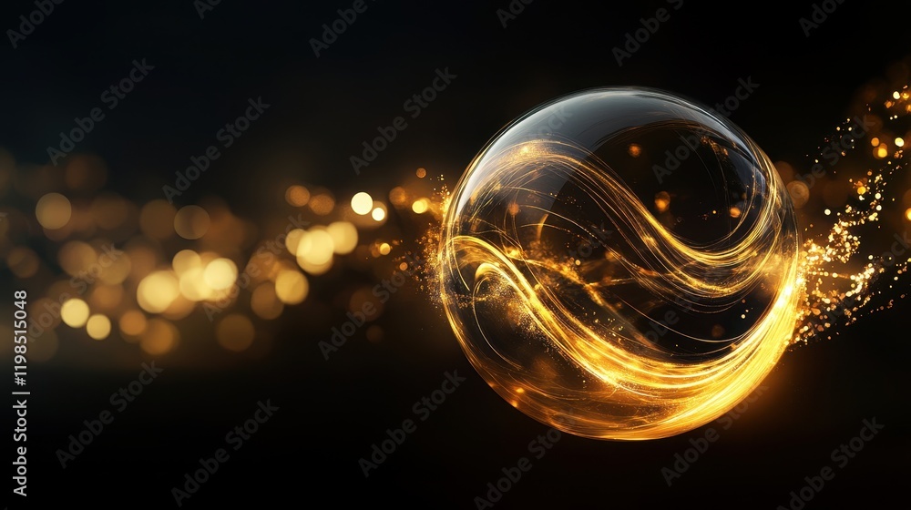 Poster luminous golden orb abstract sphere with glowing trails and bokeh background - stock photo
