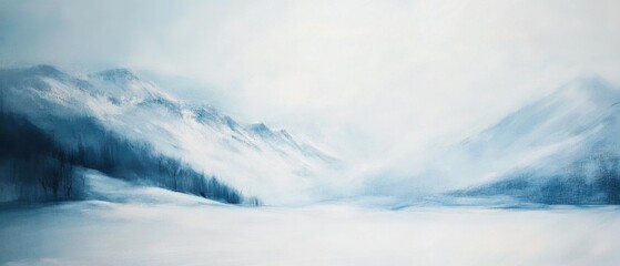 Fototapeta premium Serene Winter Landscape Abstract Oil Painting of Snowy Mountains and Forest - Blue and White Hues