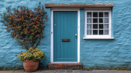 Charming blue cottage entrance with a vibrant door, window, and potted plants, set in a serene garden