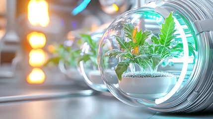 Innovative plant growth in futuristic pods high-tech greenhouse digital art indoor environment close-up sustainability concept