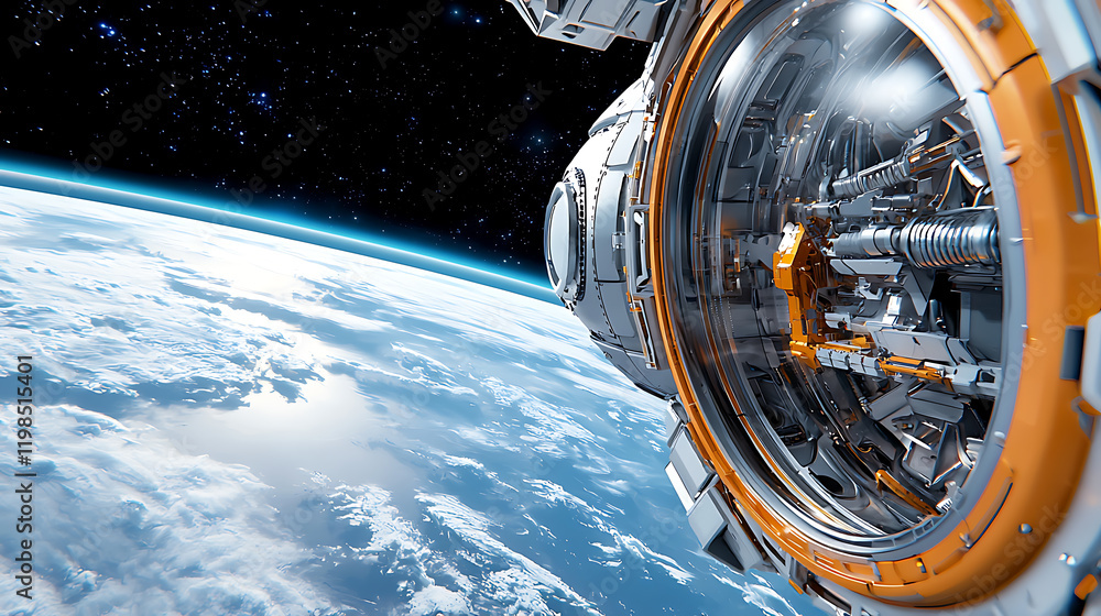 Poster exploration of spacecraft docking in low earth orbit sci-fi futuristic environment high-resolution v