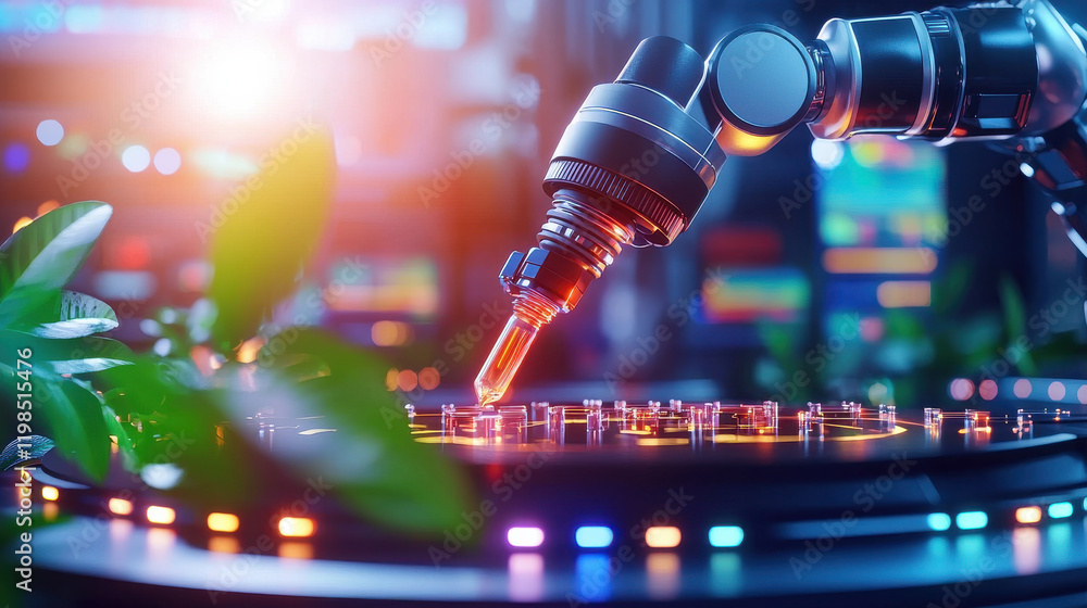 Poster robotic arm in biotechnology lab uses pipette to transfer liquid, surrounded by vibrant lights and greenery, showcasing advanced technology and innovation