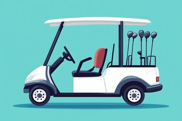 White Golf Cart with Clubs, Side View Illustration