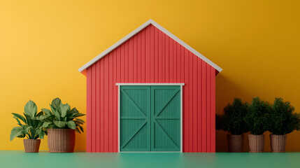 Front view photography of a colorful red barn structure in bright studio setting