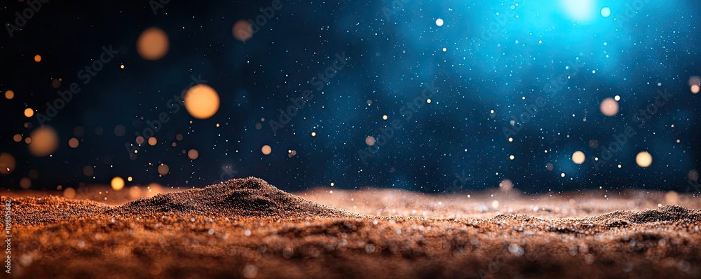 Poster dust pollution idea. a close-up view of earthy soil particles illuminated by soft, blue ambient ligh
