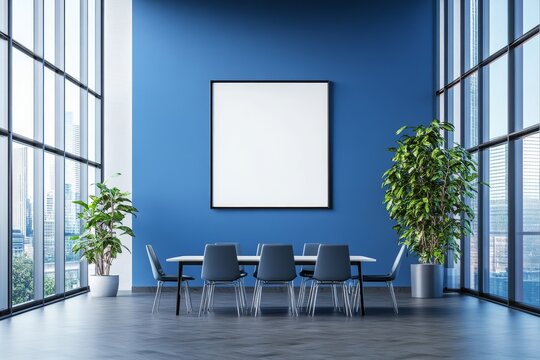 Modern blue office dining room with large windows, city view, and blank poster.
