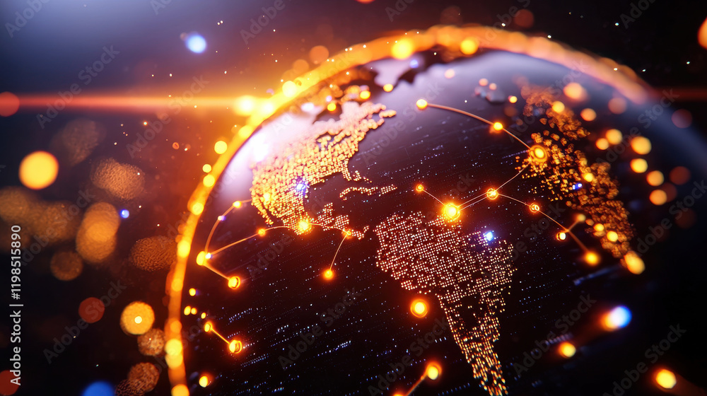 Poster vibrant visualization of globe showcasing interconnected financial hubs with glowing lines and nodes