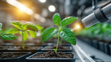 Innovative biotechnology in action as syringe injects nutrients into young plants, showcasing future of agriculture and sustainable growth
