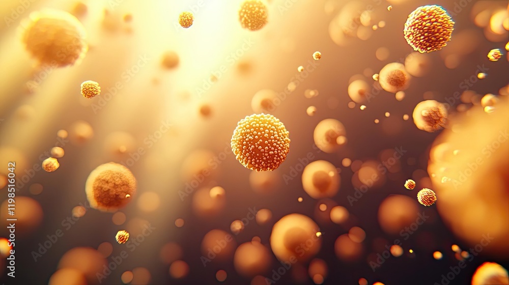Poster dust pollution idea. abstract view of microscopic cells illuminated by golden light, showcasing micr