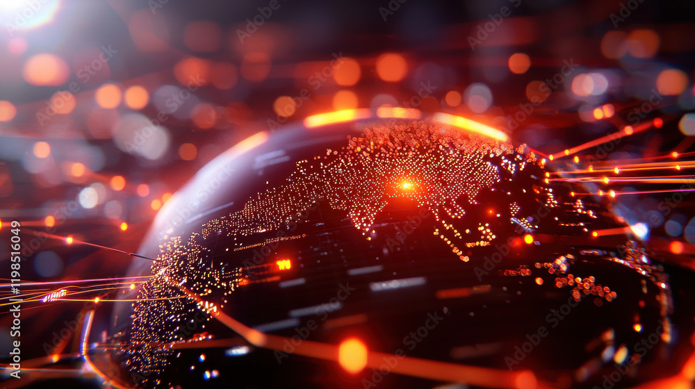 Poster cinematic visualization of globe with glowing connections, representing financial hubs and global ne