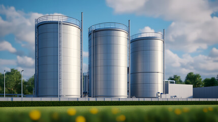 Digital visualization of industrial storage tanks manufacturing facility under clear sky