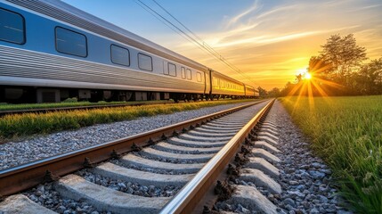 Fototapeta premium Scenic View of Train Traveling Along Rails at Sunset with Vibrant Sky and Lush Greenery in the Background, Capturing the Essence of Journey and Nature
