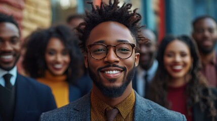 Smiling man in a suit stands confidently in front of a diverse group of friends outdoors