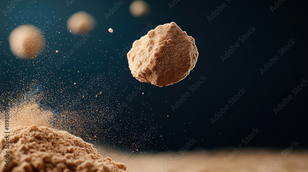 Poster Dust pollution concept. A close-up of floating dust particles from a mound of flour against a dark background.