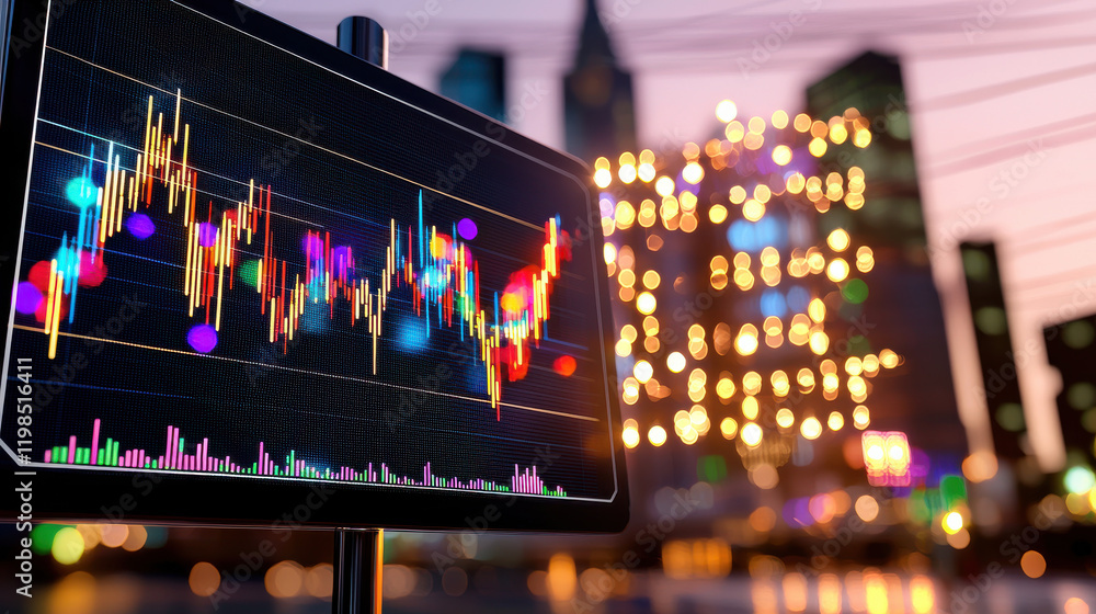 Aufkleber clean and vibrant shot of energy stock analytics on digital screen, showcasing colorful graphs and data against blurred city skyline