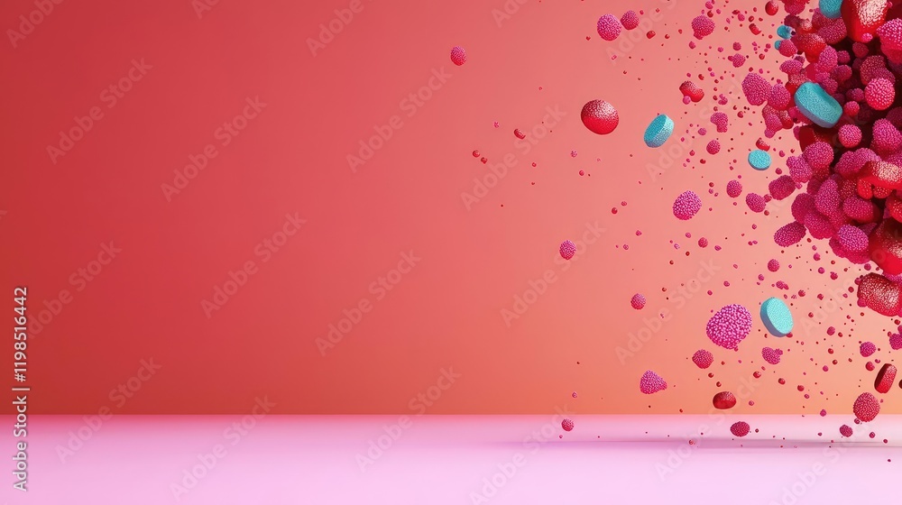 Poster dust pollution concept. colorful 3d particles floating against a pink background, creating a vibrant