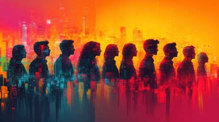 Silhouettes of diverse individuals against a vibrant city skyline at sunset, symbolizing unity and progress