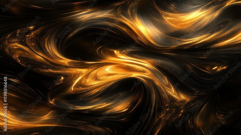 Poster abstract flowing golden light on dark background dynamic swirling texture.