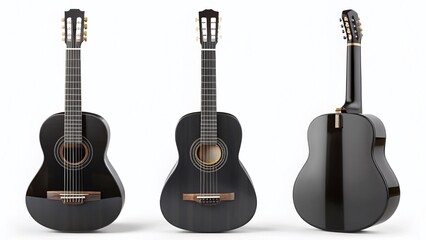 Obraz premium Black Classical Guitar: Front, Back & Side Views - Isolated on White Background