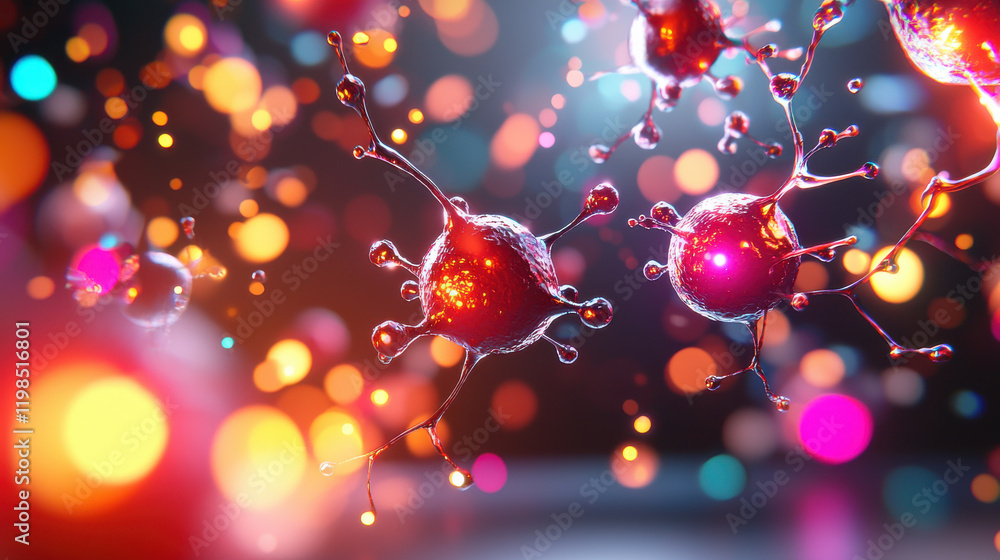 Poster close up depiction of nanobots enhancing delivery systems, showcasing vibrant colors and intricate details. image captures essence of advanced technology in dynamic environment