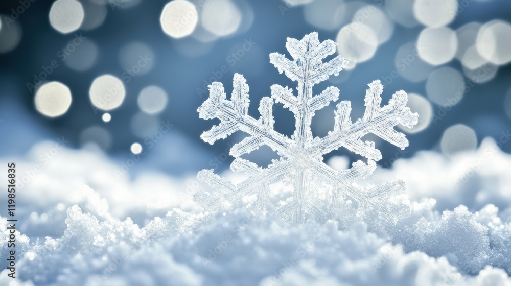 Poster detailed macro shot of a single intricate snowflake on sparkling snow with bokeh lights.