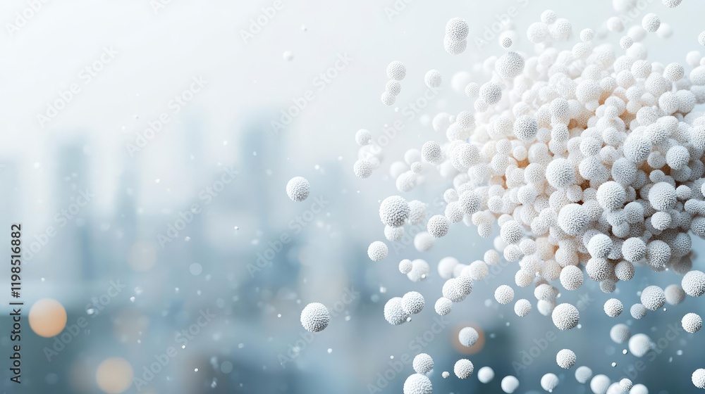 Aufkleber Dust pollution idea. Abstract representation of technological innovation with floating particles in urban setting.