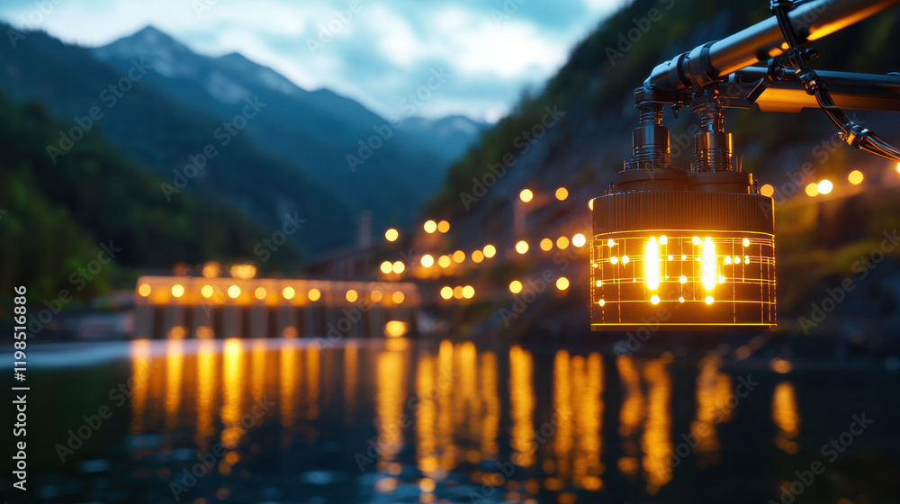 Poster close up nighttime view of hydroelectric facility with glowing lights reflecting on water, surrounde