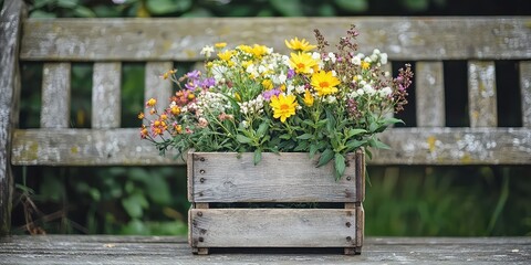 A rustic wooden crate filled with fresh flowers, placed on a garden bench.