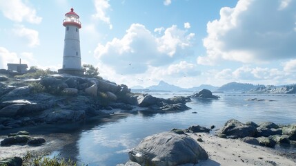 Scenic Coastal Lighthouse on Rocky Shore Calm Ocean Cloudy Sky