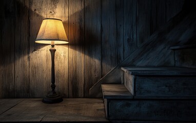 Illuminated Rustic Wooden Staircase and Table Lamp Dark, Moody Interior Design Stock Photo