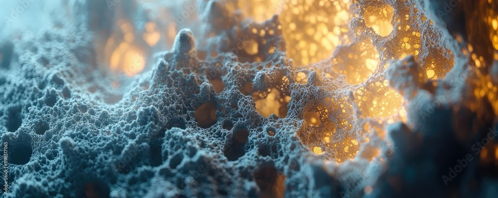 Poster Dust pollution idea. Abstract close-up showcasing vibrant microbial structures and glowing elements.