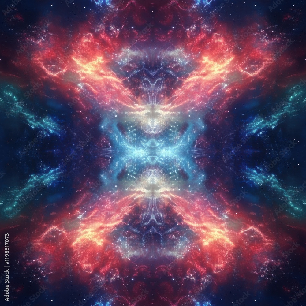 Poster symmetrical cosmic nebula abstract with intense colors and star fields.
