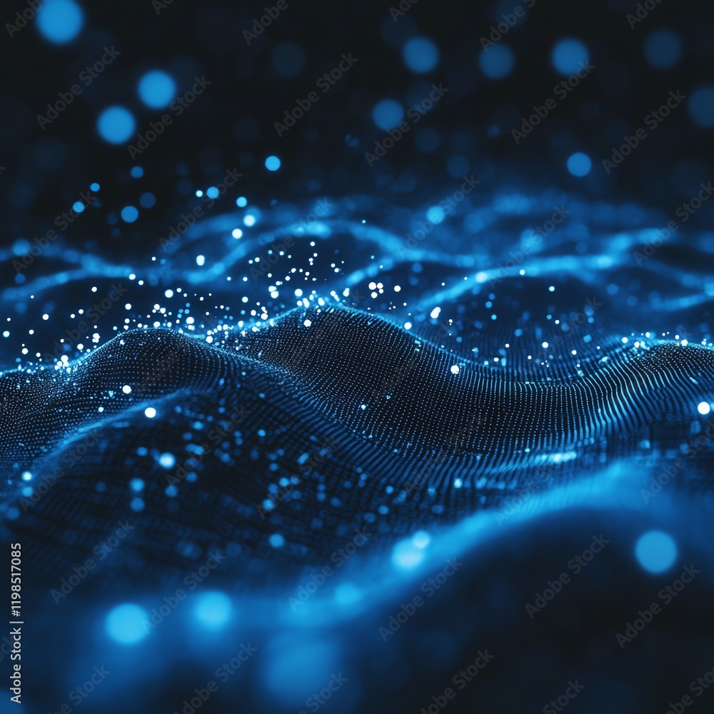 Poster abstract visualization of flowing waves illuminated by blue particles creating a dynamic and immersi