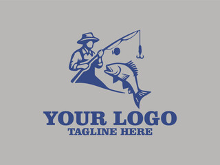 Vector Illustration blue fisherman catches large fish on rod, ideal for fishing and outdoor recreation designs, vacation advertisements, fishing equipment promotions