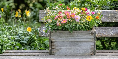 A rustic wooden crate filled with fresh flowers, placed on a garden bench.