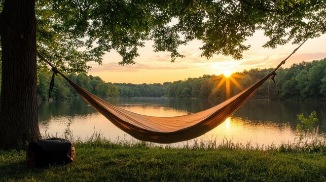 Sunset lake hammock relaxation, peaceful evening nature scene
