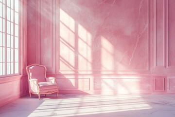 Sunlit pink room with ornate chair.