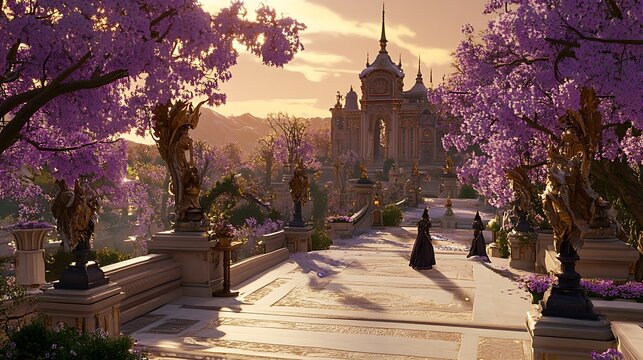 A fairytale-inspired scene with a grand castle, magical creatures, and a radiant sunset sky that feels dreamlike. 