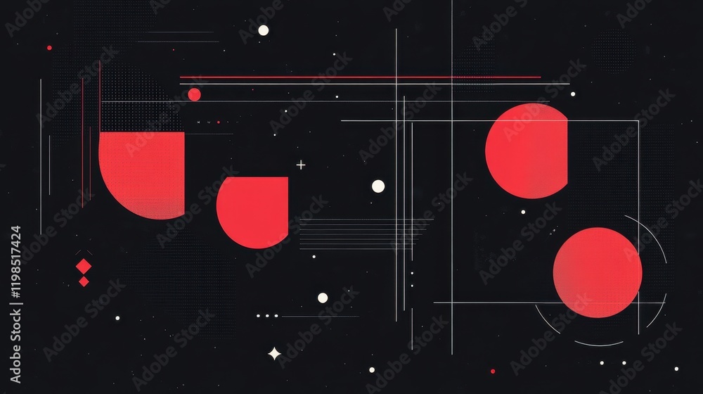 Poster abstract geometric composition with red circles and lines on black background.