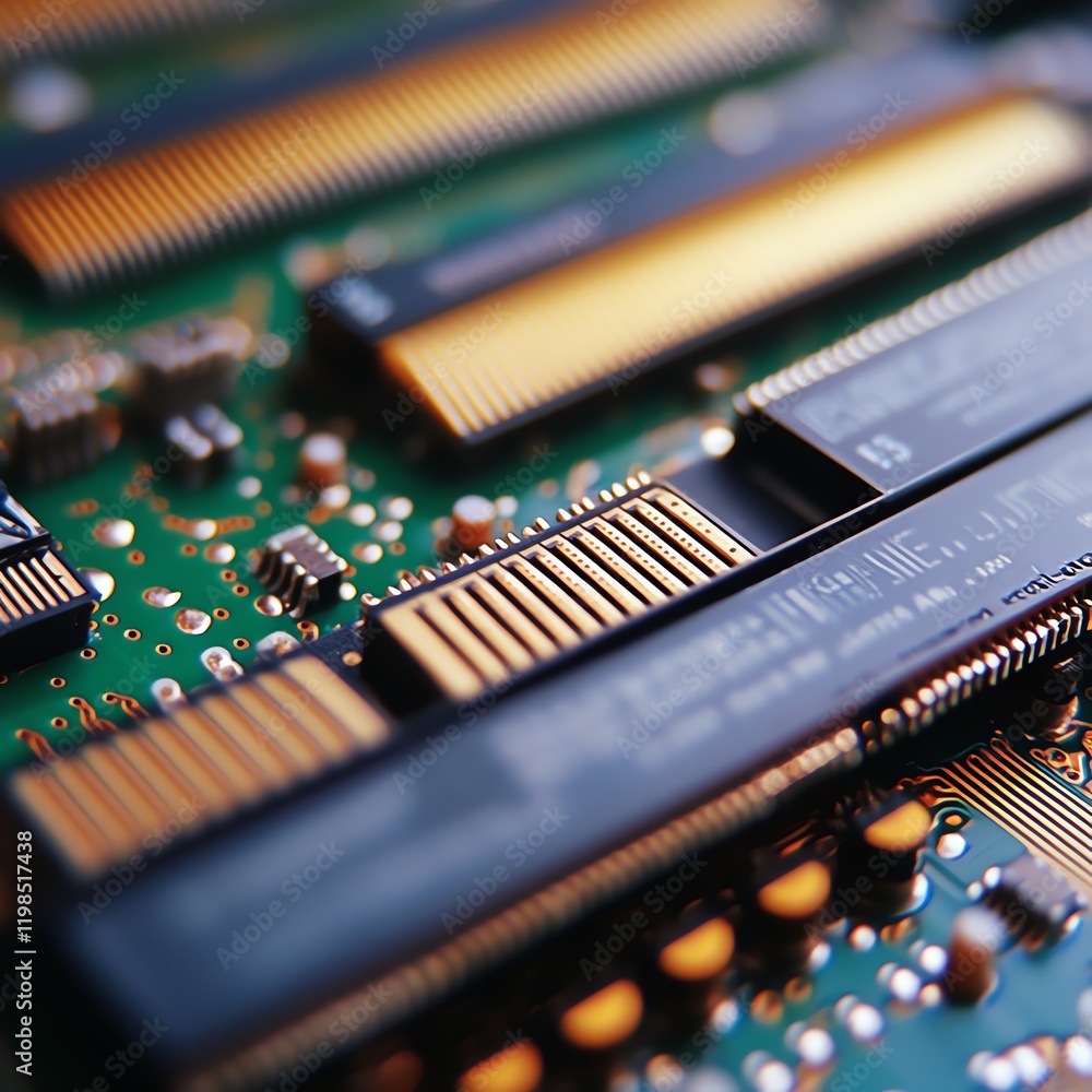 Poster close-up view of intricate electronic circuit board with memory modules during assembly in a modern 
