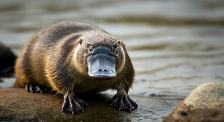 Duck-billed platypus by riverbank: unique aquatic mammal in natural habitat.