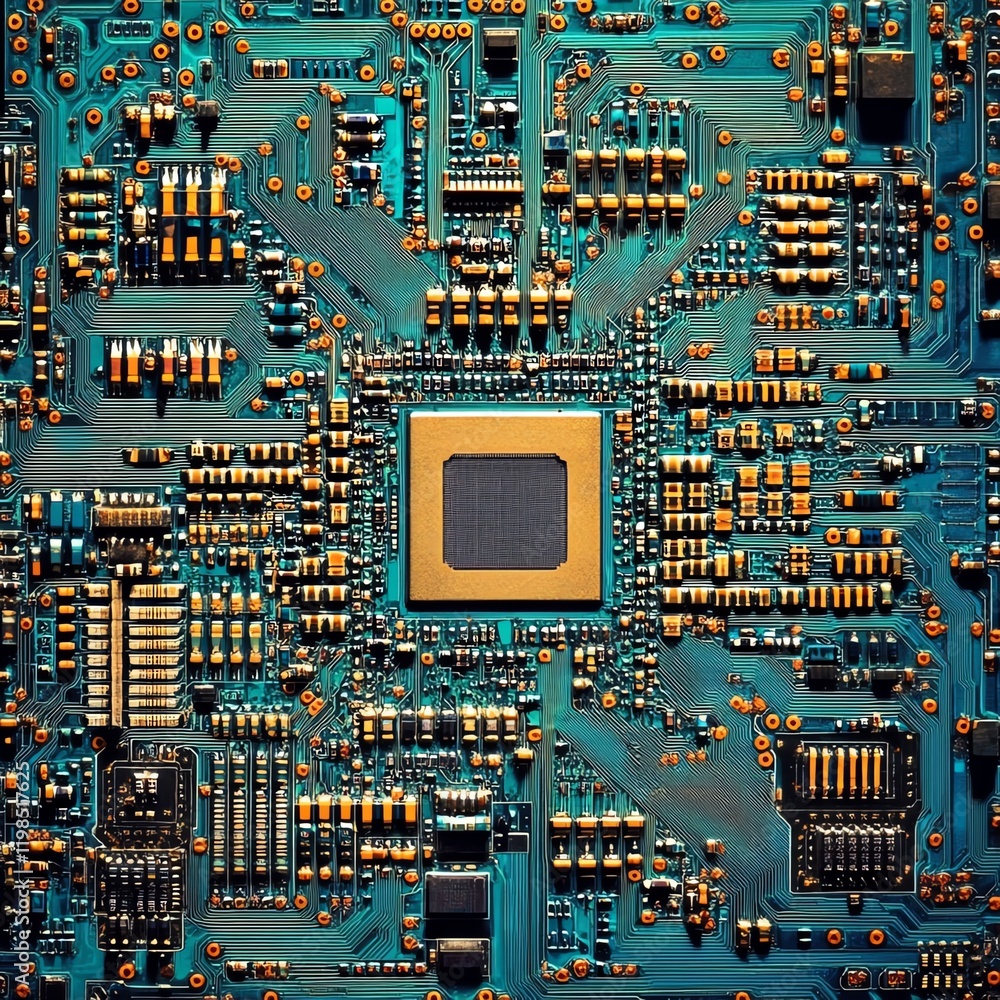 Poster intricate details of a complex circuit board showcasing electronic components and connections in a c