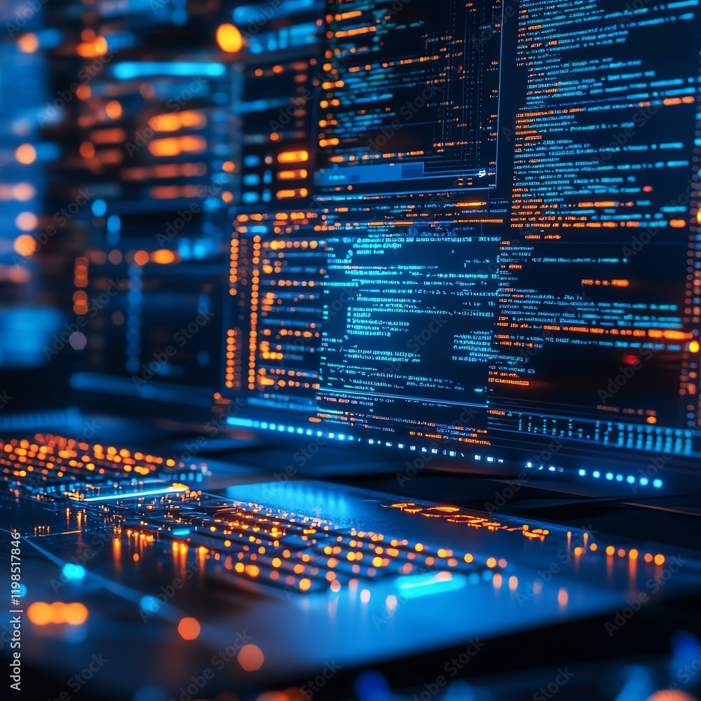 Poster digital data displayed on modern computer screens in a dark environment with vibrant colors