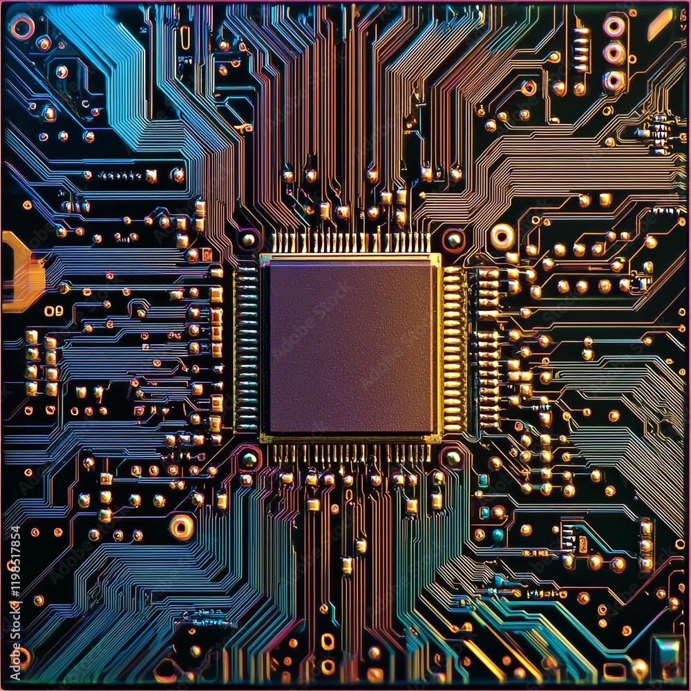 Poster detailed circuit board with a central processor and intricate pathways in a modern technology enviro