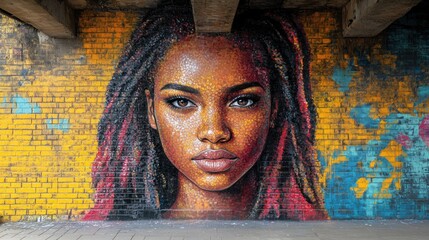 Vibrant street mural of a young woman with colorful hair under an urban bridge, showcasing artistry