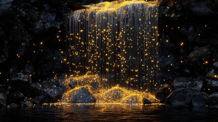 Enchanting Golden Waterfall 3D Render of a Magical, Glowing Cascade Over Dark Rocks