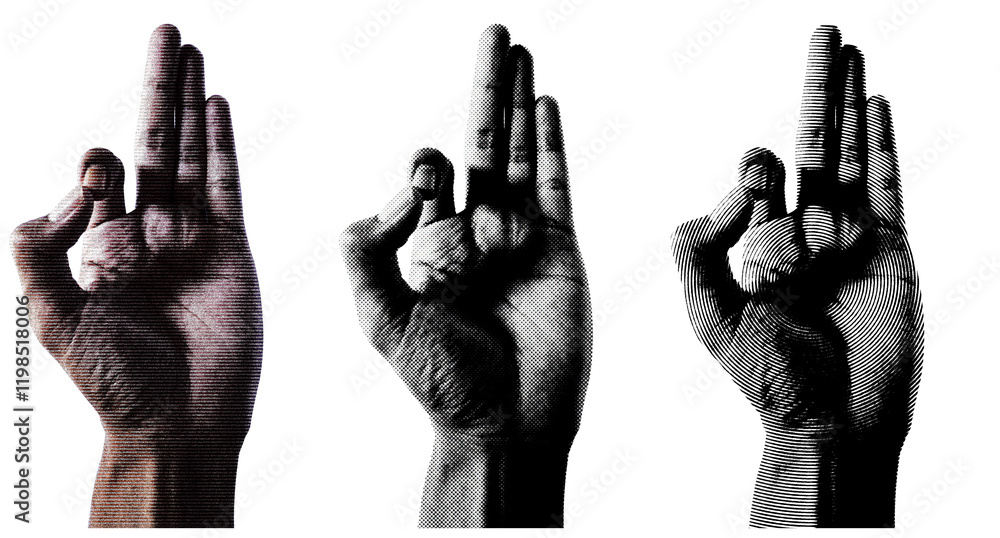 Poster 3 style halftone hands collection. halftone hands show the counting from one to five. stylish halfto