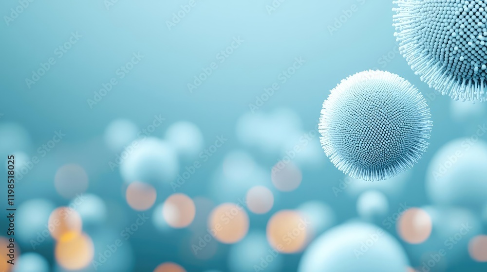 Poster Dust pollution concept. Abstract close-up of floating particles with luminous bokeh in a calming blue background.