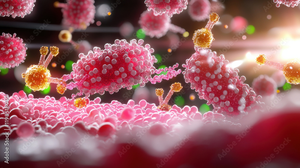 Aufkleber vibrant 3D illustration of nanotechnology showcasing molecular manipulation, featuring pink and gold structures interacting in dynamic environment